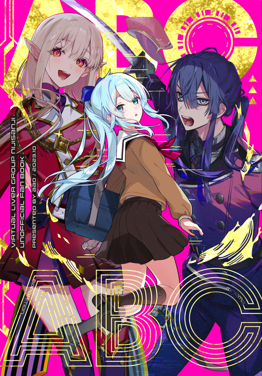 1boy 2girls bag black_footwear black_pants black_socks blonde_hair blue_bow blue_eyes blue_hair bow brown_skirt cover cover_page doujin_cover elu_(9th_costume)_(nijisanji) elu_(nijisanji) hair_bow highres holding holding_sword holding_weapon jacket katana loafers long_hair military_uniform multiple_girls nagao_kei nagao_kei_(1st_costume) nijisanji orange_eyes oshi_rhymes_aao pants pleated_skirt pointy_ears ponytail purple_hair purple_jacket school_bag school_uniform serafuku shoes sidelocks skirt socks sword uniform virtual_youtuber weapon yukishiro_mahiro yukishiro_mahiro_(2nd_costume)