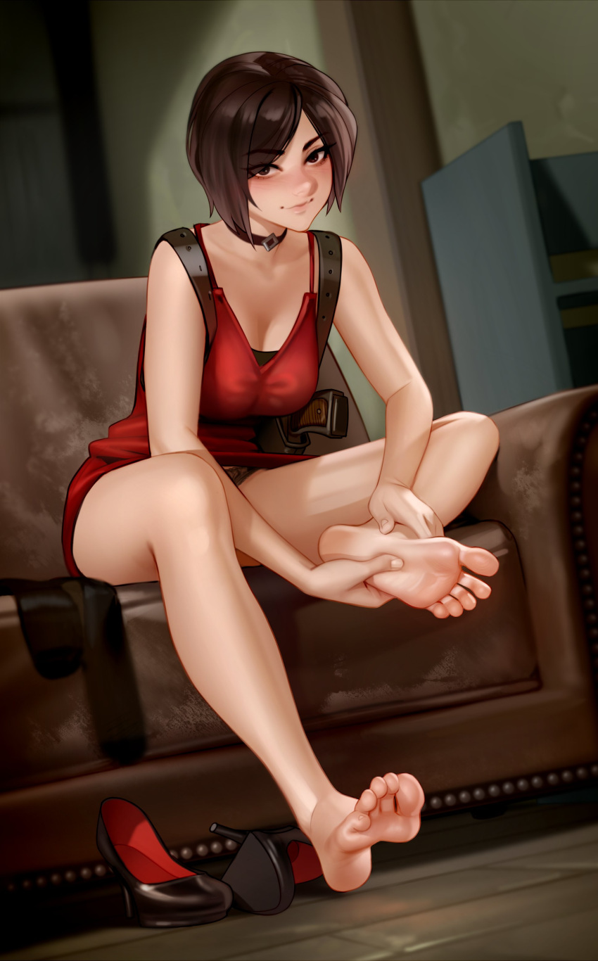 1girl absurdres ada_wong barefoot blush bob_cut breasts brown_eyes brown_hair choker cleavage commentary commission dress english_commentary feet gun handgun high_heels highres holster kairunoburogu lipstick looking_at_viewer makeup medium_breasts red_dress red_lips resident_evil resident_evil_2 short_hair shoulder_holster smile soles solo toes weapon