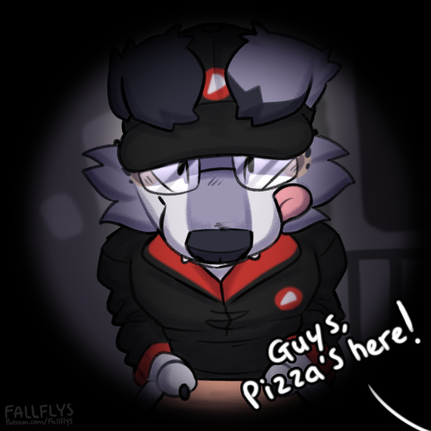ambiguous_gender anthro canid canine clothed clothing delivery_(commerce) english_text eyewear fallflys food_delivery fur glasses grey_body grey_fur hat headgear headwear hi_res mammal pizza_delivery solo text tongue tongue_out