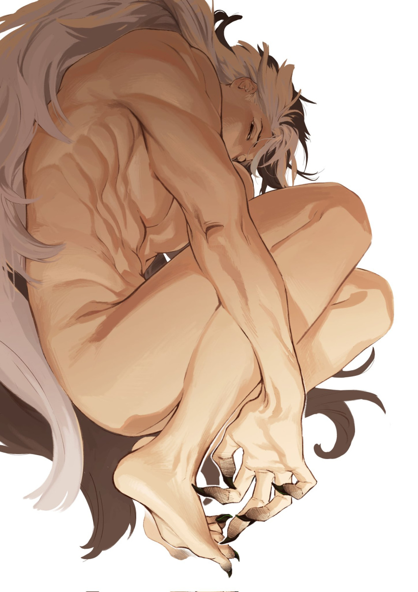 1boy abs ashiya_douman_(fate) ashiya_douman_(second_ascension)_(fate) barefoot black_nails cliff_(42961931) completely_nude convenient_leg fate/grand_order fate_(series) feet fetal_position from_side full_body half-closed_eyes highres large_pectorals long_hair looking_at_viewer male_focus multicolored_hair muscular muscular_male nude pectorals sharp_toenails sideways_glance solo split-color_hair stomach thighs toenails two-tone_hair very_long_fingernails very_long_hair white_background