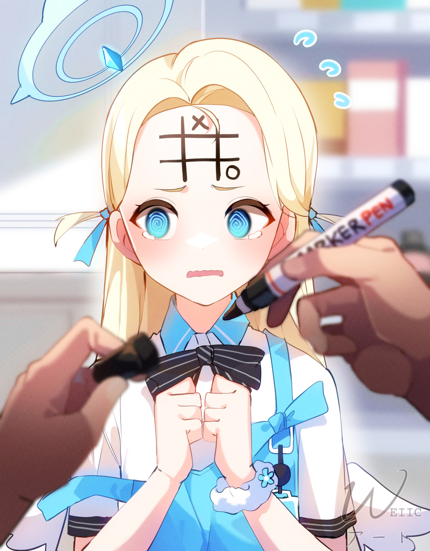 1girl 1other @_@ absurdres apron black_bow blonde_hair blue_archive blue_eyes blurry blurry_background blurry_foreground body_writing bow collared_shirt crying crying_with_eyes_open drawing_on_another's_face flying_sweatdrops forehead frown halo highres holding holding_marker indoors long_hair marker open_mouth pov shelf shirt short_sleeves solo_focus sora_(blue_archive) tears tic-tac-toe weiic wings