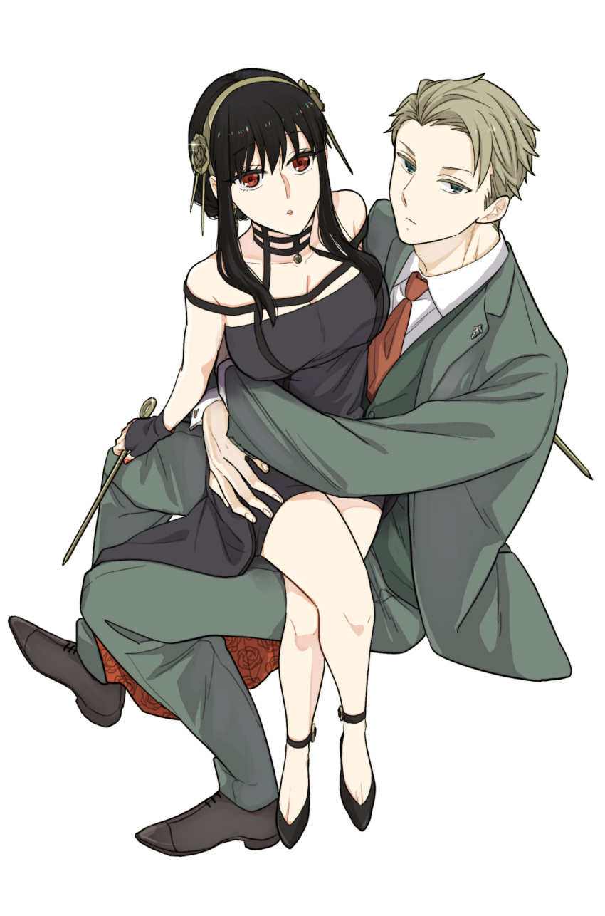 1boy 1girl bare_shoulders black_hair breasts dagger dress earrings formal gold_earrings gold_hairband green_suit hair_ornament hairband highres holding holding_dagger holding_knife holding_weapon husband_and_wife jewelry knife long_hair long_sleeves open_mouth red_tie shirt sidelocks simple_background spy_x_family stiletto_(weapon) suit sunbo_zatta twilight_(spy_x_family) two-sided_dress two-sided_fabric weapon yor_briar