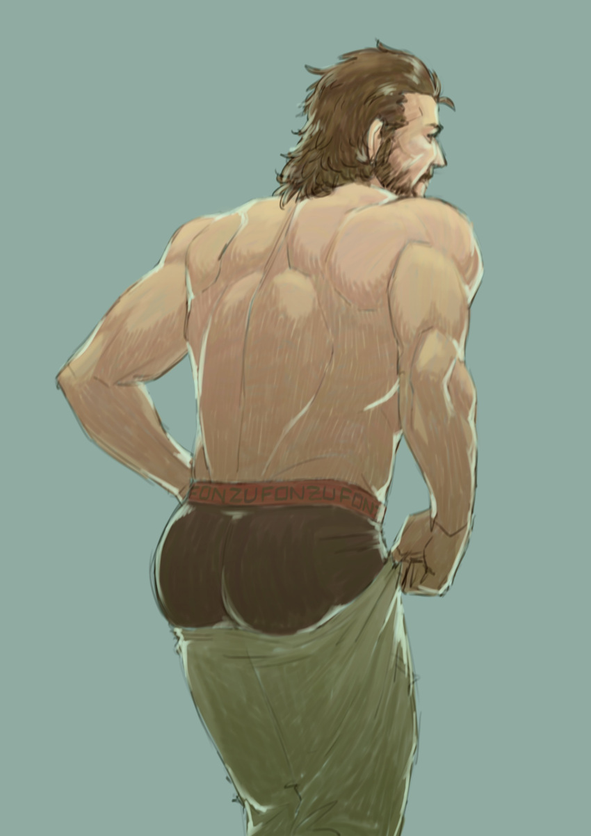 1boy absurdres ass ass_focus bara beard black_male_underwear boxers brown_hair dressing facial_hair facing_away feet_out_of_frame fonzu_(callmefonzu) highres leaning_forward male_focus male_underwear mature_male medium_hair metal_gear_(series) metal_gear_solid muscular muscular_male pants_lift profile solid_snake solo standing thick_eyebrows topless_male underwear