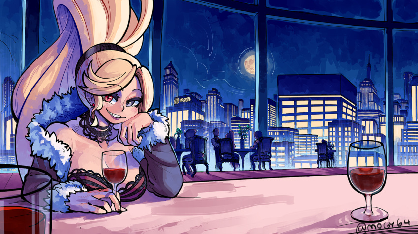 alcohol bare_shoulders blonde_hair breasts building cleavage dress earrings fur_collar fur_trim heterochromia high_ponytail hilda_(under_night_in-birth) jewelry large_breasts long_hair looking_at_viewer mogy64 moon ponytail scenery tagme under_night_in-birth very_long_hair wine