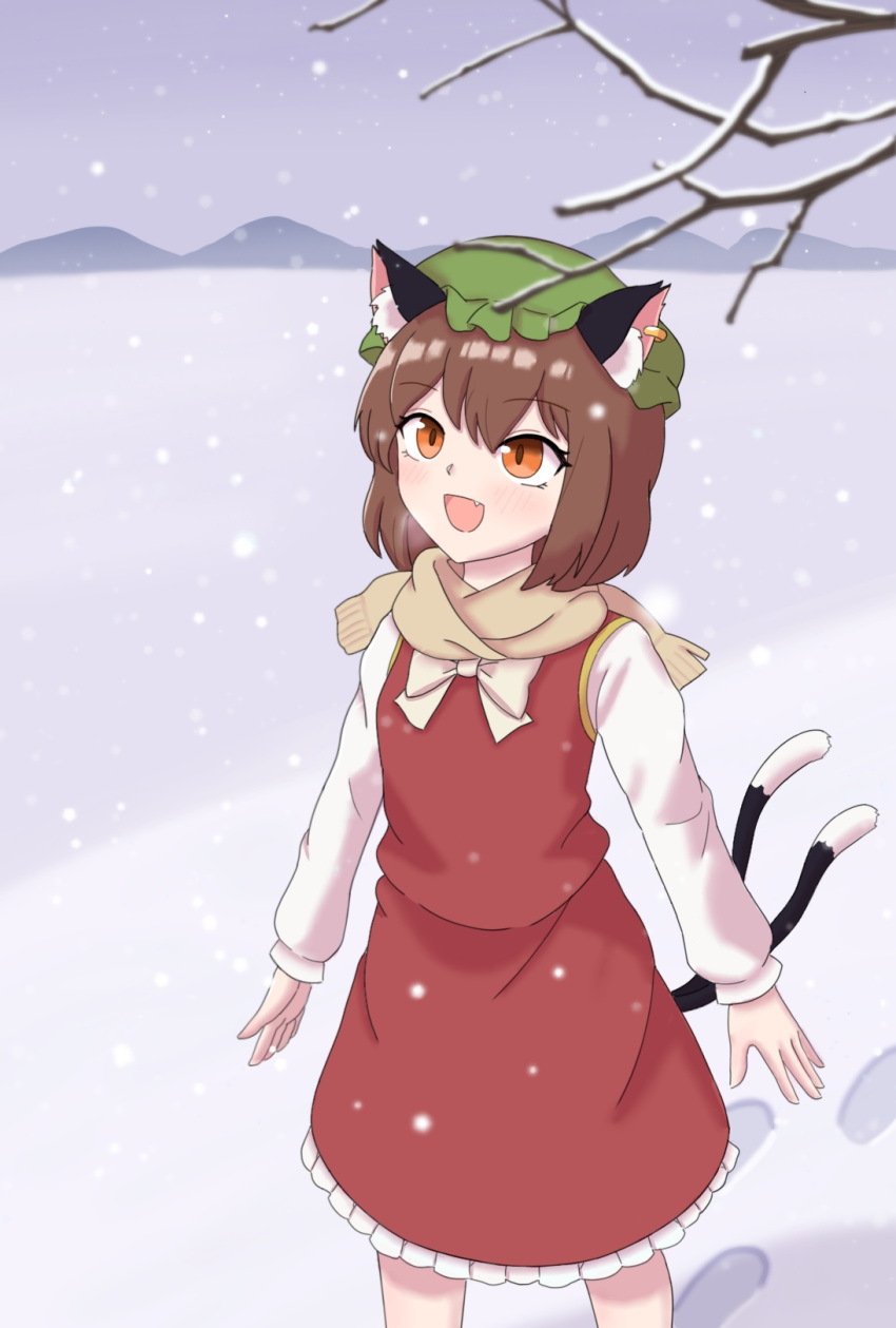 1girl animal_ear_fluff animal_ears bare_tree blurry blurry_foreground blush bow bowtie breasts breath brown_eyes brown_hair brown_scarf cat_ears cat_girl cat_tail chen cowboy_shot depth_of_field earrings fang frilled_skirt frills green_headwear hair_between_eyes hat highres hihi_(cvwv4322) jewelry long_sleeves medium_hair mob_cap mountainous_horizon multiple_tails nekomata open_mouth outdoors red_skirt red_vest scarf shirt single_earring skirt skirt_set small_breasts snow snowing solo tail touhou tree two_tails vest white_bow white_bowtie white_shirt winter