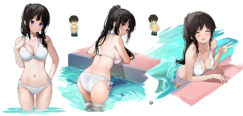 1boy 1girl :d absurdres artist_logo ass bare_arms bare_shoulders bikini black_hair blush breasts chitanda_eru cleavage closed_eyes crossed_arms facing_viewer from_behind hand_on_own_hip hand_up highres hyouka large_breasts leaning_forward long_hair looking_at_viewer looking_back male_swimwear mery_(yangmalgage) navel open_mouth oreki_houtarou pool purple_eyes shiny_skin simple_background smile standing swimsuit thighs v wading water white_bikini