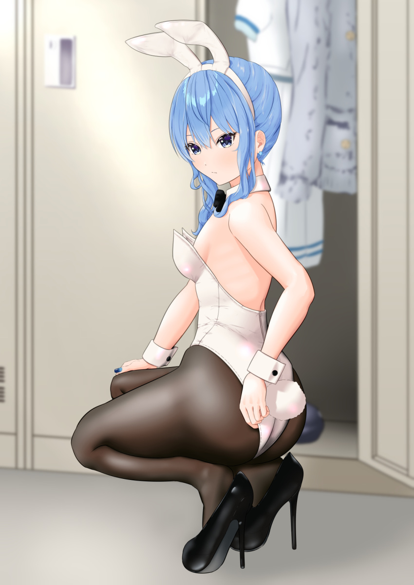1girl animal_ears ass black_bow black_bowtie blue_eyes blue_hair blue_nails blurry blurry_background blush bow bowtie breasts brown_pantyhose closed_mouth commentary depth_of_field detached_collar earrings fake_animal_ears full_body hair_between_eyes hairband heel_pop highres hololive hoshimachi_suisei jewelry leotard locker locker_room long_hair nail_polish oversized_breast_cup pantyhose playboy_bunny rabbit_ears sanko_(nisanko) shadow sleeve_cuffs small_breasts solo squatting star_(symbol) star_in_eye strapless strapless_leotard symbol_in_eye virtual_youtuber white_hairband white_leotard