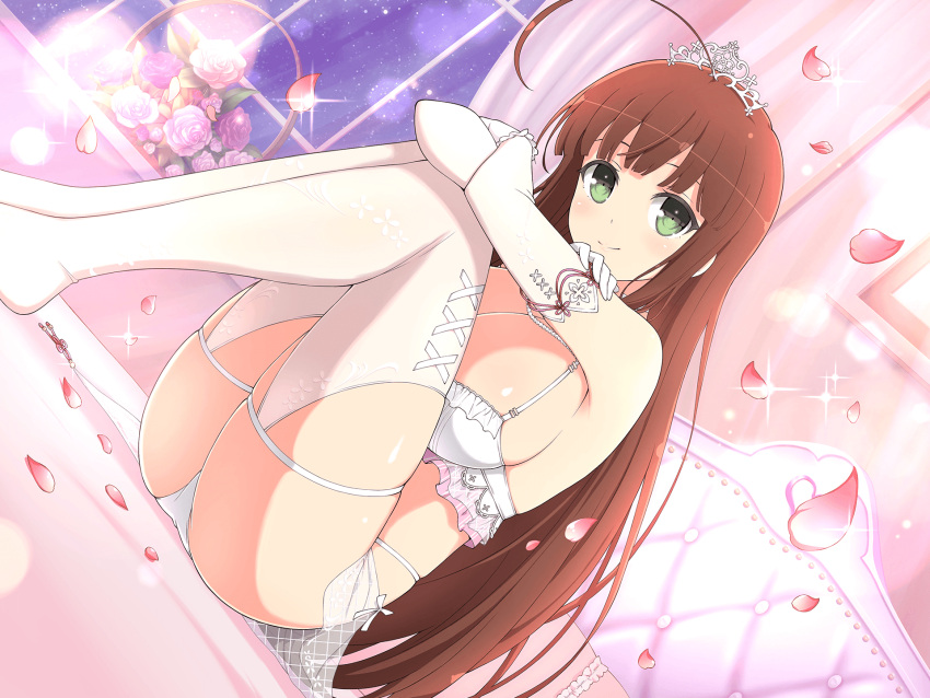 1girl ahoge bed bed_sheet bedroom blush bra breasts bridal_lingerie bride brown_hair cleavage elbow_gloves falling_petals feet_out_of_frame flower flower_basket frilled_bra frills garter_straps gloves green_eyes highres indoors jewelry large_breasts leaf legs lens_flare lingerie long_hair looking_at_viewer necklace night night_sky no_shoes official_alternate_costume official_art on_bed panties pearl_necklace petals pillow pink_flower pink_rose purple_flower purple_rose rose senran_kagura senran_kagura_new_link sitting sky smile solo sparkle star_(sky) starry_sky thigh_strap thighhighs tiara ui_(senran_kagura) underwear white_panties white_thighhighs window yaegashi_nan