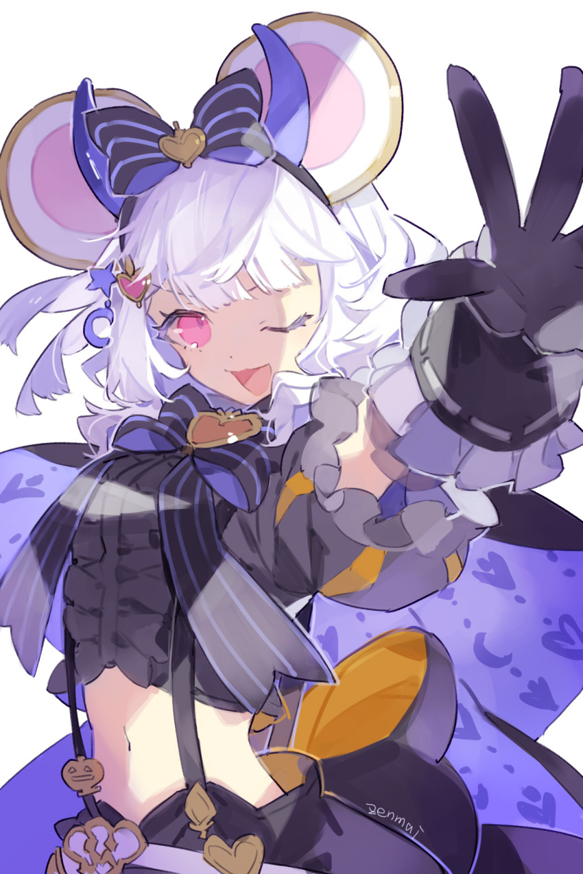 1girl animal_ears artist_name black_bow black_bowtie black_cape black_gloves black_shirt black_shorts bow bowtie brooch cape commentary crescent crescent_hair_ornament crescent_print cyenmi3 fake_horns frilled_gloves frills gloves granblue_fantasy hair_bow hair_ornament heart heart_brooch heart_hair_ornament heart_print highres horns jewelry looking_at_viewer medium_hair mouse_ears navel one_eye_closed open_hand open_mouth outstretched_hand pink_eyes print_cape puffy_short_sleeves puffy_sleeves purple_cape shirt short_sleeves shorts simple_background solo star_(symbol) star_hair_ornament striped striped_bow striped_bowtie suspenders two-sided_cape two-sided_fabric upper_body vikala_(granblue_fantasy) vikala_(halloween)_(granblue_fantasy) white_background white_hair