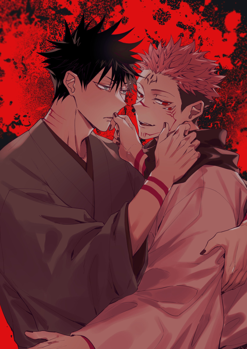 2boys absurdres arm_tattoo azukiharuta_ju black_hair black_nails black_scarf commentary_request extra_eyes facial_tattoo fushiguro_megumi green_eyes hand_on_another's_face highres japanese_clothes jujutsu_kaisen kimono long_sleeves looking_at_another male_focus multiple_boys pink_hair red_background red_eyes ryoumen_sukuna_(jujutsu_kaisen) scarf smirk spiked_hair tattoo teeth undercut white_kimono wide_sleeves yaoi