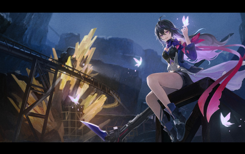 1girl :d ahoge anna_(drw01) armband bare_shoulders black_hair black_shirt black_shorts boots cliff crystal detached_sleeves floating_hair full_body grin highres holding holding_scythe honkai:_star_rail honkai_(series) knee_up legs_apart letterboxed long_hair long_sleeves night open_mouth outdoors purple_eyes purple_footwear purple_scarf purple_sleeves red_ribbon ribbon scarf scythe seele_(honkai:_star_rail) shirt shorts sitting sleeveless sleeveless_shirt smile solo teeth