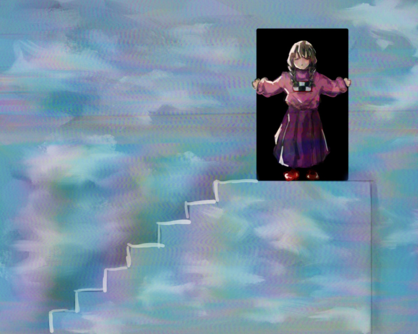 1girl :/ alternate_skirt_length asymmetrical_bangs blue_sky blush braid brown_hair closed_eyes closed_mouth cloud cloud_print danazunn doorway facing_viewer glitch hands_up high-waist_skirt highres long_hair long_skirt long_sleeves madotsuki no_nose outstretched_arms pink_sweater pleated_skirt puffy_long_sleeves puffy_sleeves purple_skirt red_footwear scene_reference shoes skirt sky sky_print solo spread_arms stairs standing surreal sweater the_truman_show turtleneck turtleneck_sweater twin_braids twintails vhs_artifacts wall wide_shot yume_nikki