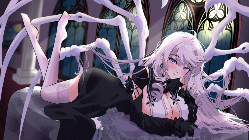 1girl ahoge algerie_(azur_lane) algerie_(meta)_(azur_lane) azur_lane black_dress black_gloves blush breast_curtains breasts dress drill_hair earrings gloves grey_eyes hair_between_eyes hand_on_own_chin highres indoors jewelry lace-trimmed_thighhighs lace_trim large_breasts long_hair long_sleeves looking_at_viewer lying meisaki on_stomach parted_lips skeletal_wings skeleton solo thighhighs triangle_earrings twin_drills white_hair white_thighhighs wings