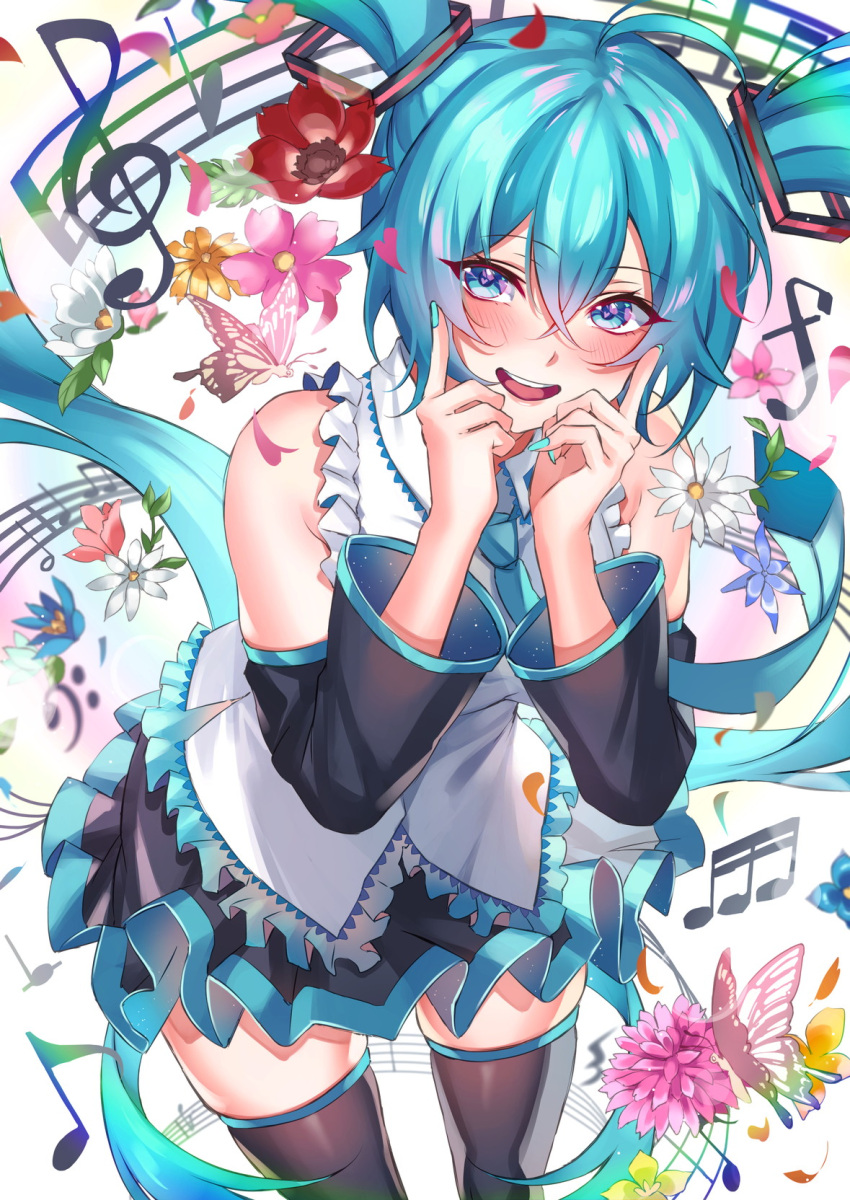 1girl aqua_eyes aqua_hair aqua_nails aqua_necktie bare_shoulders black_shirt black_sleeves black_thighhighs blush bug butterfly collared_shirt commentary_request cowboy_shot detached_sleeves flower frilled_shirt frills hair_between_eyes hair_ornament hatsune_miku heart highres inue_ao long_hair looking_at_viewer miku_day musical_note necktie open_mouth pleated_skirt shirt skindentation skirt sleeveless sleeveless_shirt smile solo teeth thighhighs twintails upper_teeth_only very_long_hair vocaloid white_shirt wide_sleeves zettai_ryouiki