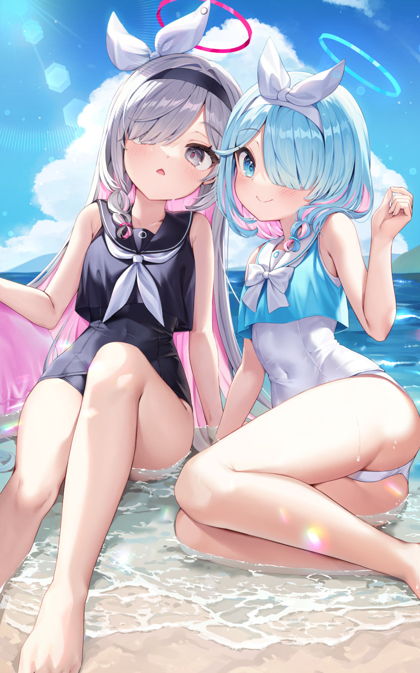 2girls absurdres arona_(blue_archive) black_one-piece_swimsuit black_sailor_collar blue_archive blue_hair blue_halo blue_pupils blush bow bow_hairband bowtie colored_inner_hair covered_navel grey_hair hair_ornament hair_over_one_eye hairband halo heart_halo highres light_blue_hair long_hair looking_at_viewer medium_hair mono_(mono_mon) multicolored_hair multiple_girls ocean one-piece_swimsuit open_mouth pink_halo pink_pupils plana_(blue_archive) red_halo red_pupils ribbon sailor_collar smile swimsuit white_hairband white_one-piece_swimsuit white_sailor_collar