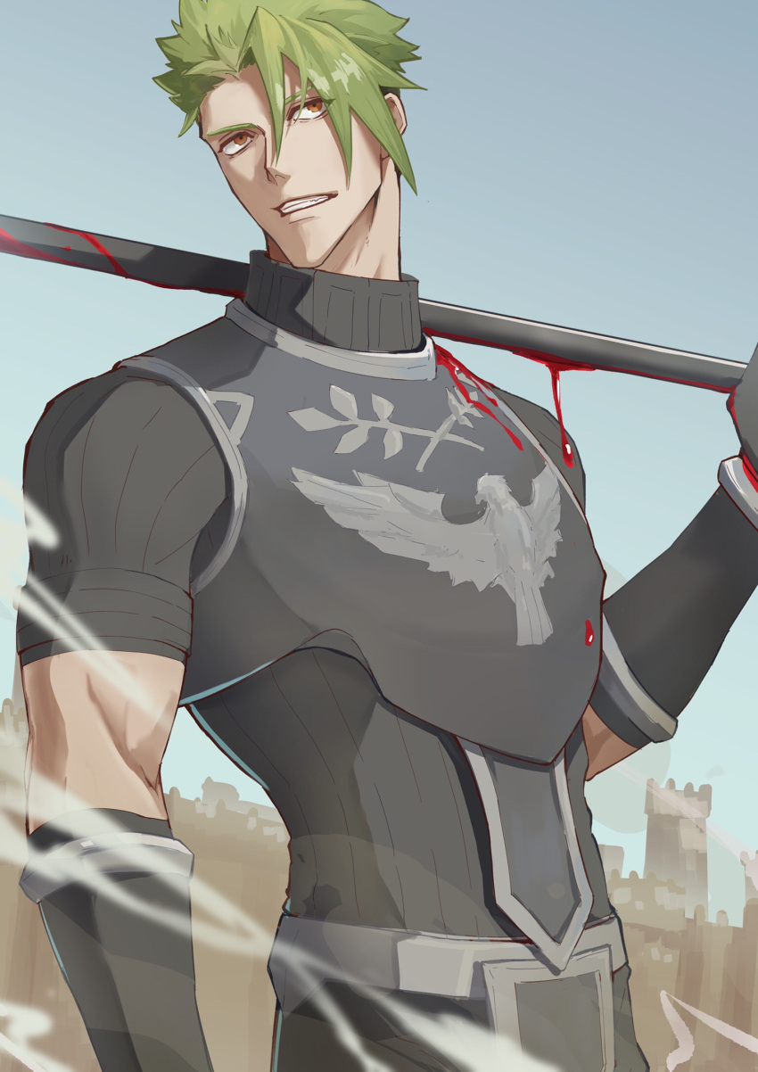 1boy achilles_(fate) armor black_shirt blood blood_on_clothes blood_on_weapon castle clenched_teeth cowboy_shot fate/apocrypha fate_(series) gauntlets green_hair grey_sky hair_between_eyes haruakira highres looking_up male_focus outdoors over_shoulder ribbed_shirt shirt short_hair short_sleeves sky solo teeth undercut weapon weapon_over_shoulder
