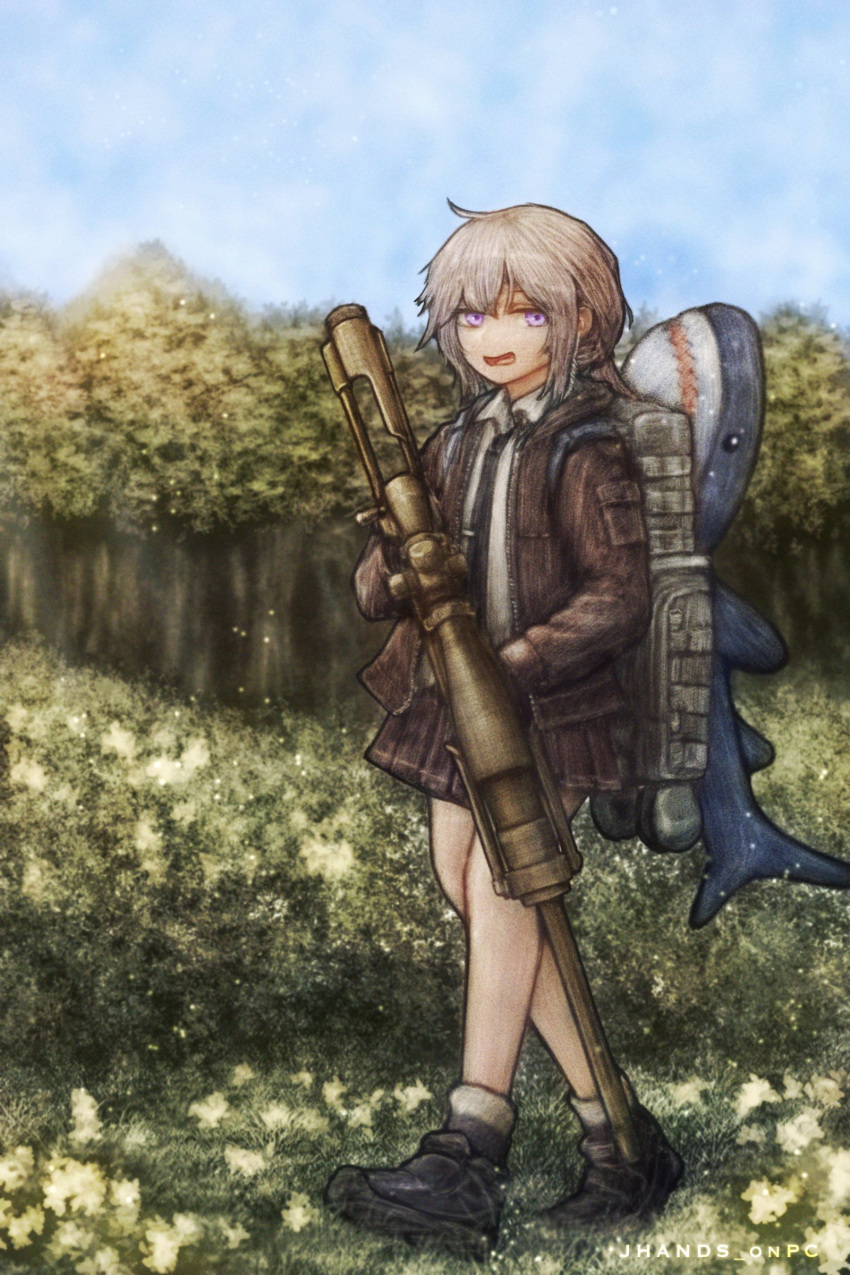 1girl absurdres artist_name black_footwear black_necktie blue_sky bolt_action brown_jacket brown_skirt cheytac_m200 cloud cloudy_sky collared_shirt day girls'_frontline grey_hair gun highres holding holding_gun holding_weapon jacket jhands_onpc long_hair looking_at_viewer m200_(girls'_frontline) name_connection necktie object_namesake open_clothes open_jacket open_mouth outdoors pleated_skirt purple_eyes rifle scope shirt shoes skirt sky sniper_rifle socks solo stuffed_animal stuffed_shark stuffed_toy weapon white_shirt white_socks