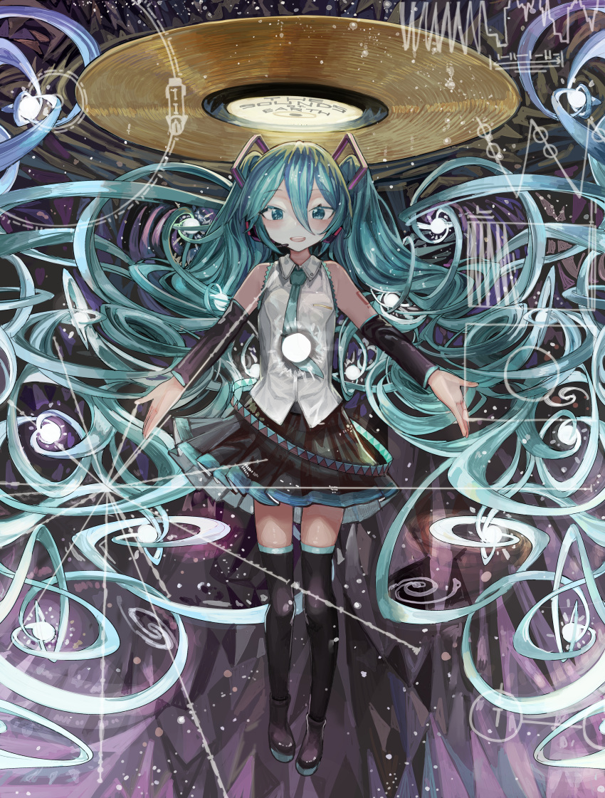 1girl absurdly_long_hair absurdres aqua_eyes aqua_hair aqua_necktie bangs beckoning black_skirt black_sleeves blush boots collared_shirt commentary detached_sleeves english_text floating glowing hair_between_eyes hair_ornament hatsune_miku headphones highres long_bangs long_hair microa microphone miku_day necktie number_tattoo open_mouth outstretched_arms pleated_skirt record shirt skirt sleeveless sleeveless_shirt smile solo spread_arms starry_background tattoo thigh_boots twintails very_long_hair vocaloid vortex voyager_golden_record white_shirt