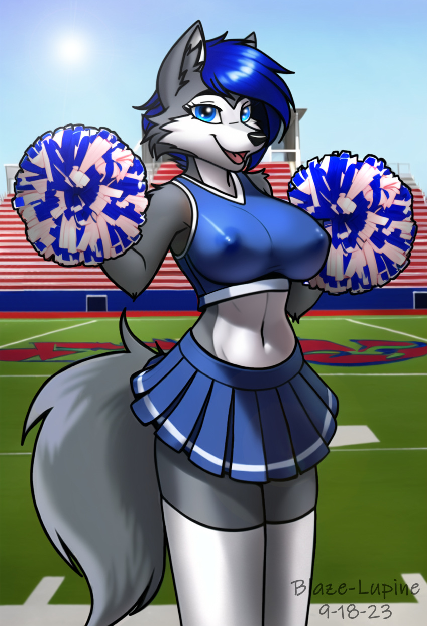2023 absurd_res alura anthro blaze-lupine bottomwear canid canine canis cheerleader cheerleader_outfit clothed clothing crop_top dated digital_drawing_(artwork) digital_media_(artwork) female hi_res legwear looking_at_viewer mammal miniskirt open_mouth pom_poms shaded shirt signature skirt smile solo stadium stock_image stockings tail topwear wolf