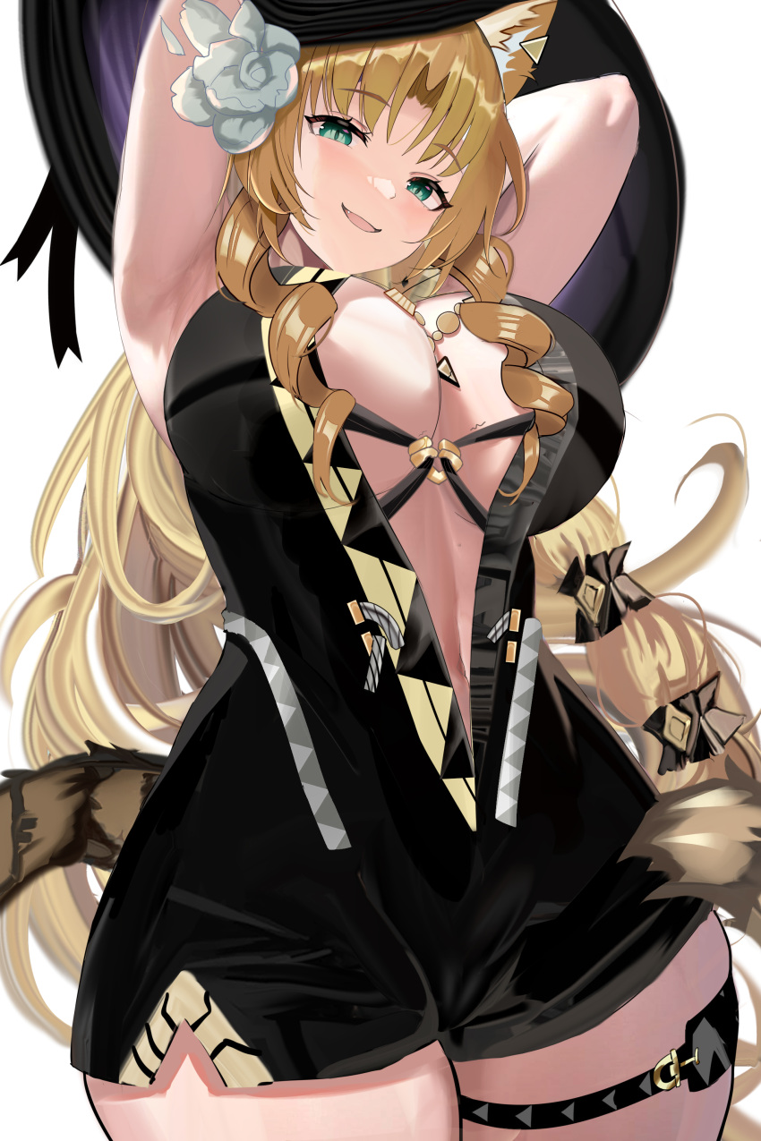 1girl absurdres animal_ears aqua_eyes arknights armpits arms_up black_dress black_headwear blush breasts center_opening cleavage commentary cowboy_shot dress drill_hair drill_sidelocks earclip fang flower hair_flower hair_ornament hat highres jewelry large_breasts light_brown_hair long_hair looking_at_viewer mikuning navel necklace official_alternate_costume open_mouth parted_bangs short_dress sidelocks simple_background sleeveless sleeveless_dress smile solo standing swire_(arknights) swire_the_elegant_wit_(arknights) tail thigh_strap tiger_ears tiger_girl tiger_tail twin_drills very_long_hair white_background white_flower