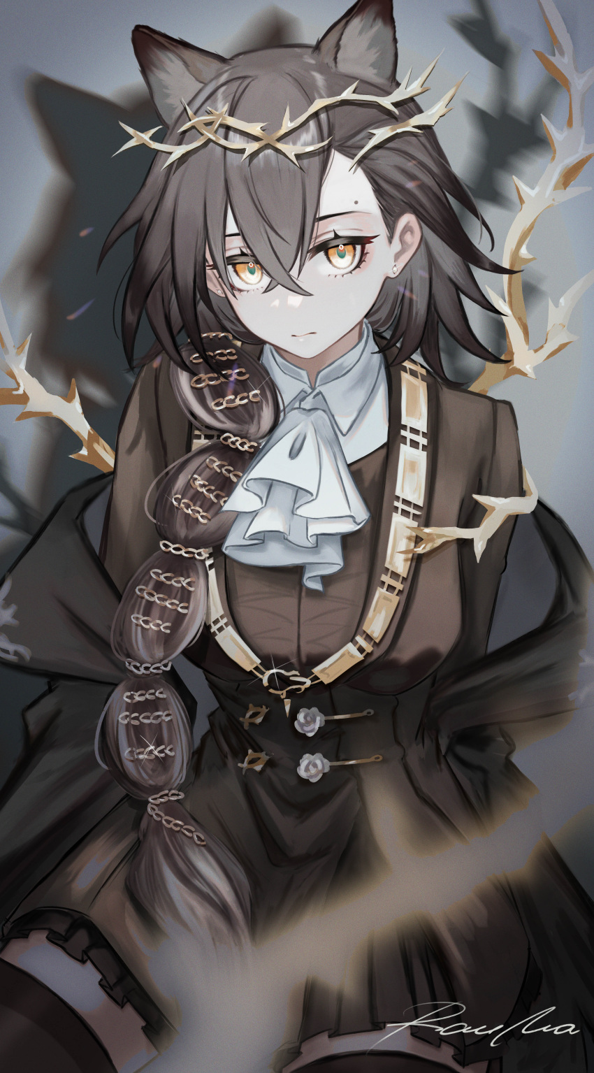 1girl absurdres animal_ears arknights ascot black_dress black_hair black_thighhighs braid breasts closed_mouth dress extra_ears frilled_dress frills grey_background hair_over_shoulder highres large_breasts long_hair long_sleeves looking_at_viewer penance_(arknights) rau_ma_(the_rauma001) signature simple_background single_braid sitting solo thighhighs thorns very_long_hair white_ascot wolf_ears yellow_eyes zettai_ryouiki