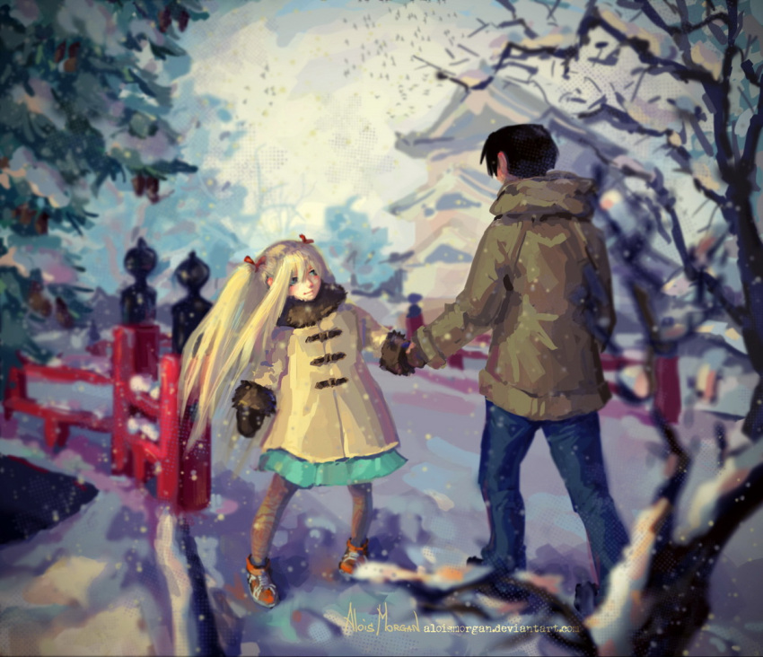 1boy 1girl aloismorgan architecture black_hair blonde_hair blue_eyes bob_cut bridge cloud coat east_asian_architecture english_commentary fence genshiken gloves good_end happy holding_hands long_hair madarame_harunobu otaku otaple pants realistic shoes size_difference skirt sneakers snow spoilers susanna_hopkins tree