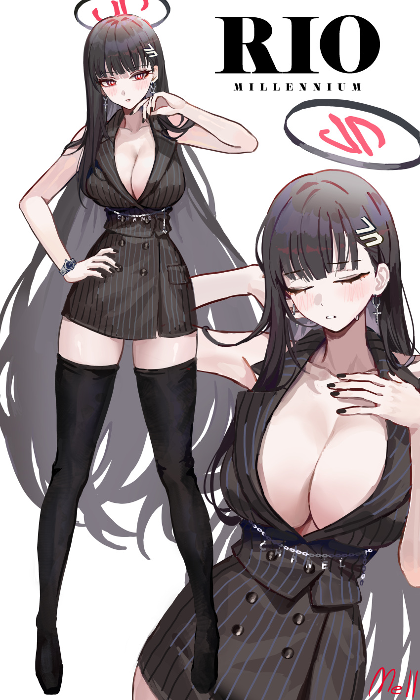 1girl absurdres alternate_costume black_hair black_skirt black_thighhighs black_vest blue_archive blush breasts character_name cleavage closed_eyes collarbone earrings fingernails full_body halo hand_on_own_chest hand_on_own_hip highres huge_breasts jewelry long_hair looking_at_viewer mell_(dmwe3537) miniskirt multiple_views nail_polish red_eyes rio_(blue_archive) simple_background skirt striped striped_skirt striped_vest thighhighs vertical-striped_vest vertical_stripes very_long_hair vest white_background zettai_ryouiki