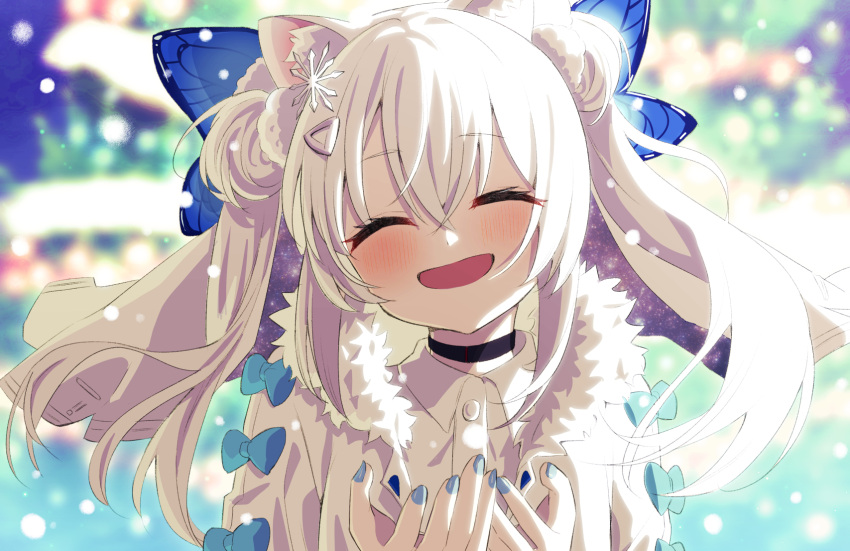 1girl :d animal_ear_fluff animal_ears black_choker blue_nails blush butterfly_hair_ornament choker closed_eyes collared_shirt double_bun female_child fur-trimmed_collar fur_trim goddess_of_victory:_nikke hair_between_eyes hair_bun hair_ornament happy highres hood hooded_jacket jacket long_hair n102_(miracle_fairy)_(nikke) n102_(nikke) nail_polish official_alternate_costume open_mouth ribbon shiime shirt short_twintails smile snowflake_hair_ornament solo twintails upper_body white_hair white_jacket white_shirt