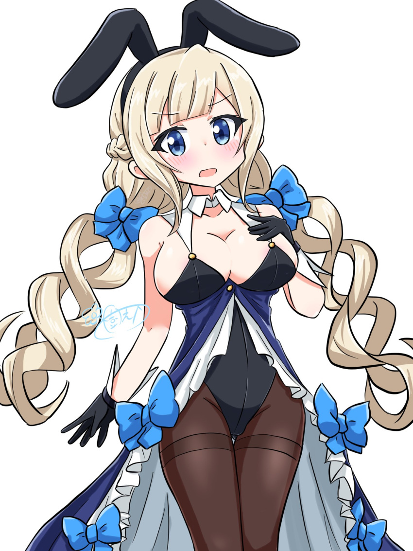 1girl adapted_costume animal_ears black_gloves black_leotard black_thighhighs blonde_hair blue_bow blue_eyes bow braid breasts detached_collar drill_hair french_braid gloves highres kantai_collection kinoshita_tsubomi large_breasts leotard long_hair low_twintails maryland_(kancolle) playboy_bunny rabbit_ears showgirl_skirt simple_background solo strapless strapless_leotard thigh_gap thighhighs twintails white_background