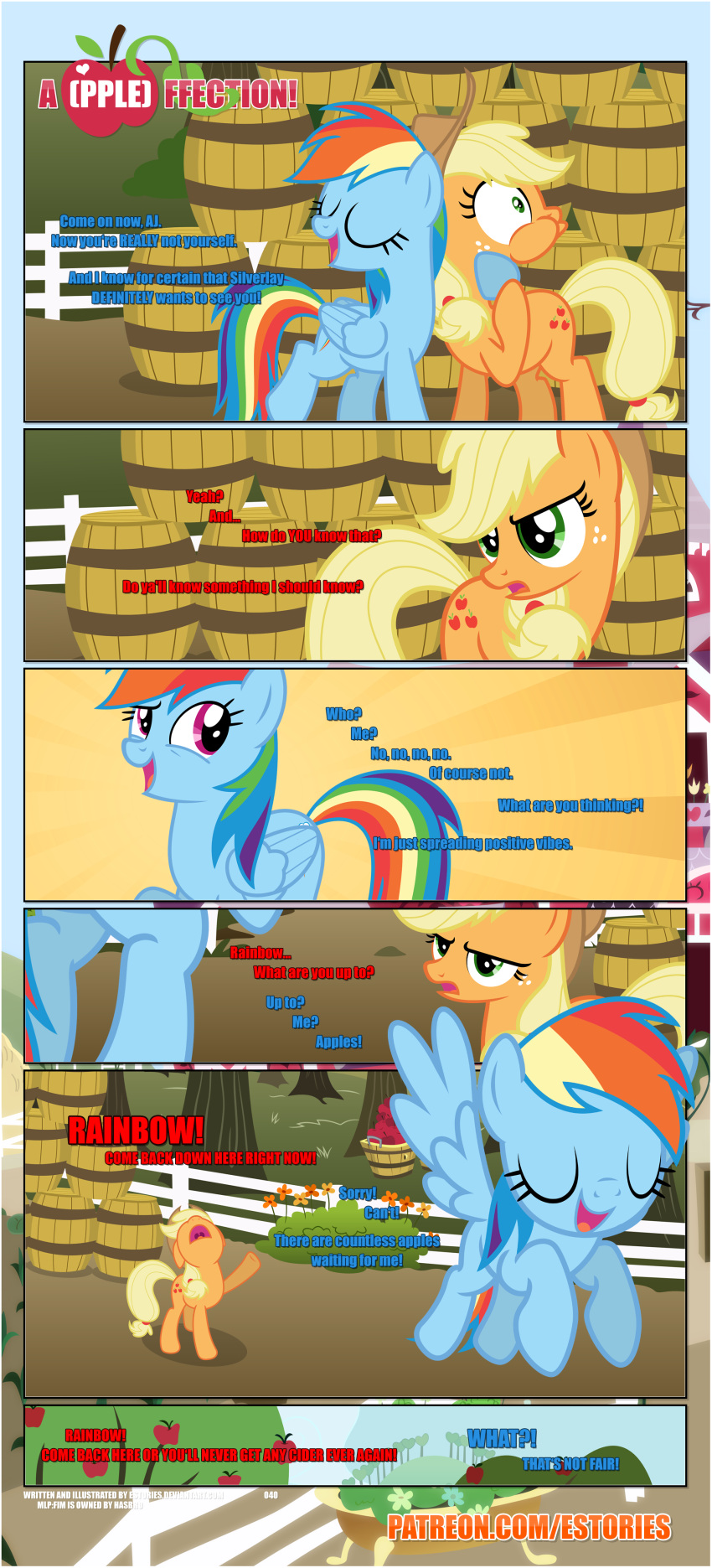 absurd_res apple_tree applejack_(mlp) barrels black_border border clothing cowboy_hat cutie_mark dialogue duo ears_up earth_pony embrace english_text equid equine estories eyes_closed female fence feral flower flying folded_wings friendship_is_magic fruit_tree hasbro hat headgear headwear hi_res hooves horse hug mammal my_little_pony narrowed_eyes outside pegasus plant pony rainbow_dash_(mlp) raised_hoof shrub sly spread_wings sweet_apple_acres text tree white_fence wings