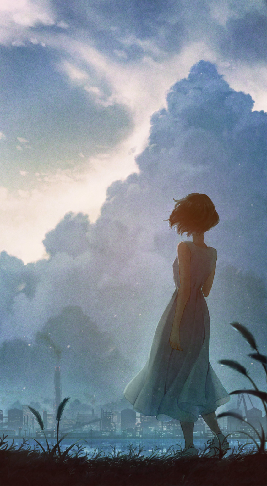1girl absurdres bare_shoulders black_hair cityscape cloud cumulonimbus_cloud dress from_behind full_body grass highres original outdoors river scenery shoes short_hair sky sleeveless sleeveless_dress sneakers solo standing tsujin_bohboh water white_dress white_footwear