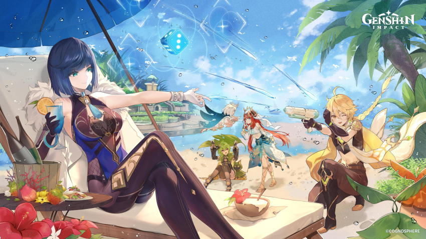 1boy 4girls absurdres aether_(genshin_impact) aranara_(genshin_impact) beach_chair beach_umbrella bird blonde_hair blue_hair blue_sky bottle braid breasts capelet cloud collei_(genshin_impact) cup day dice flower food genshin_impact green_hair halo highres holding leaf long_hair multiple_girls musical_note necomi nilou_(genshin_impact) official_art on_one_knee one_eye_closed outdoors paimon_(genshin_impact) red_hair short_hair single_braid sitting sky standing tropical_drink umbrella water_drop water_gun yelan_(genshin_impact)