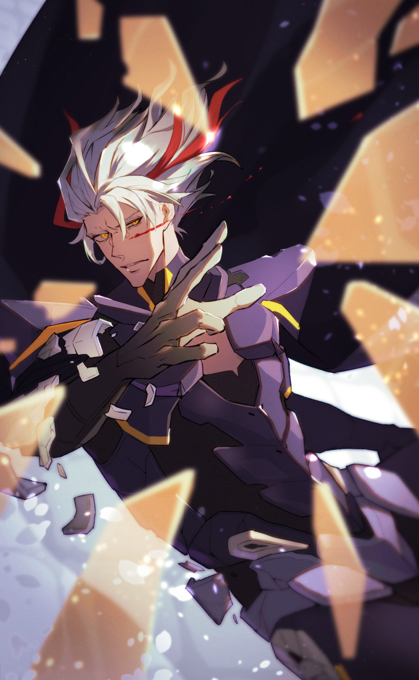 1boy absurdres armor bags_under_eyes black_background blood blood_on_face broken_armor fate/grand_order fate_(series) glass glasses hair_between_eyes haruakira highres injury looking_at_viewer male_focus mature_male odysseus_(fate) parted_lips shattered short_hair solo white_hair yellow_eyes