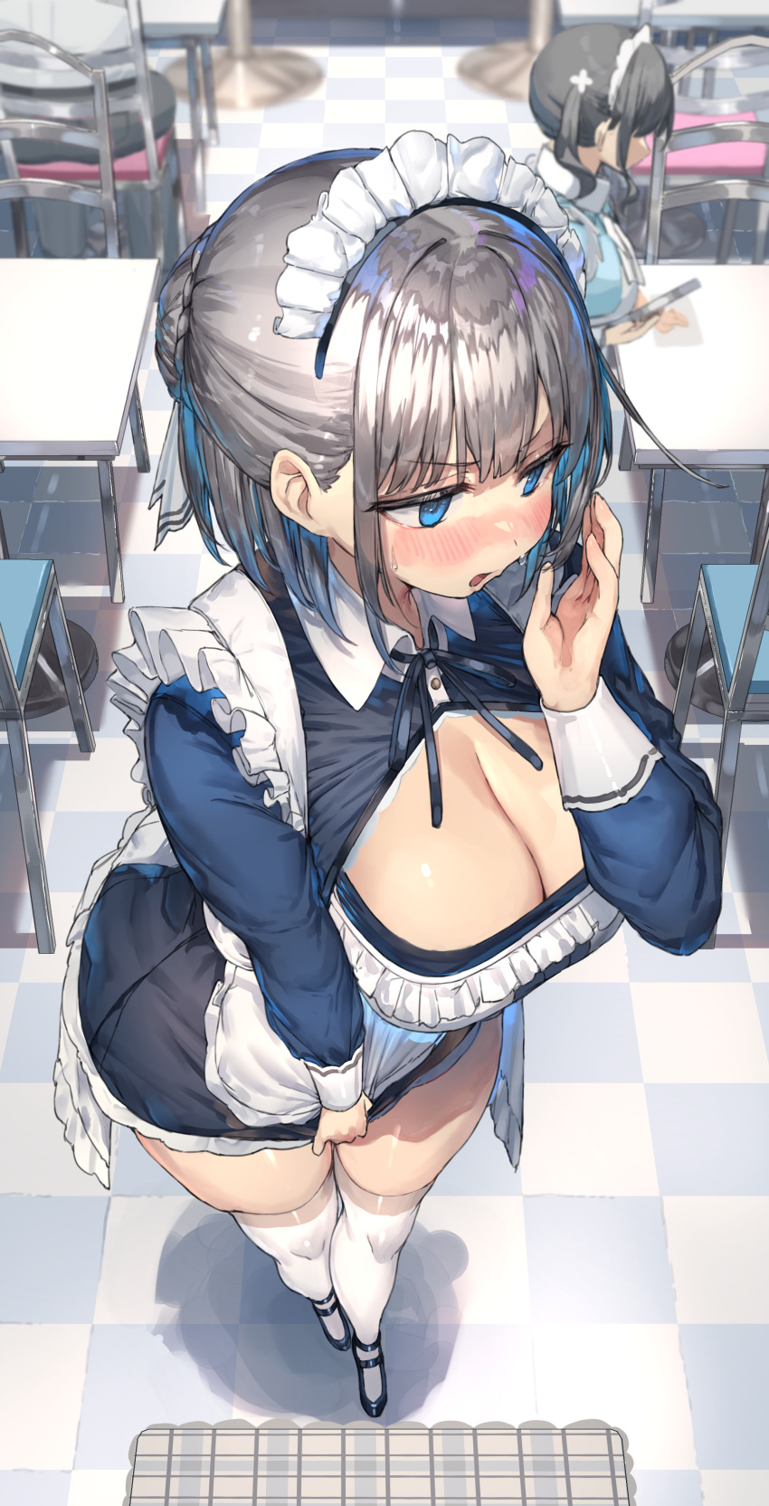 1other 2girls absurdres apron averting_eyes blue_dress blue_eyes blush braid braided_bun breasts checkered_floor cleavage cleavage_cutout clothing_cutout dress dress_tug frilled_apron frills grey_hair hair_bun highres indoors large_breasts long_sleeves maid maid_apron maid_headdress multiple_girls neck_ribbon nose original ranf ribbon single_hair_bun solo_focus sweatdrop thighhighs thighs white_apron white_thighhighs