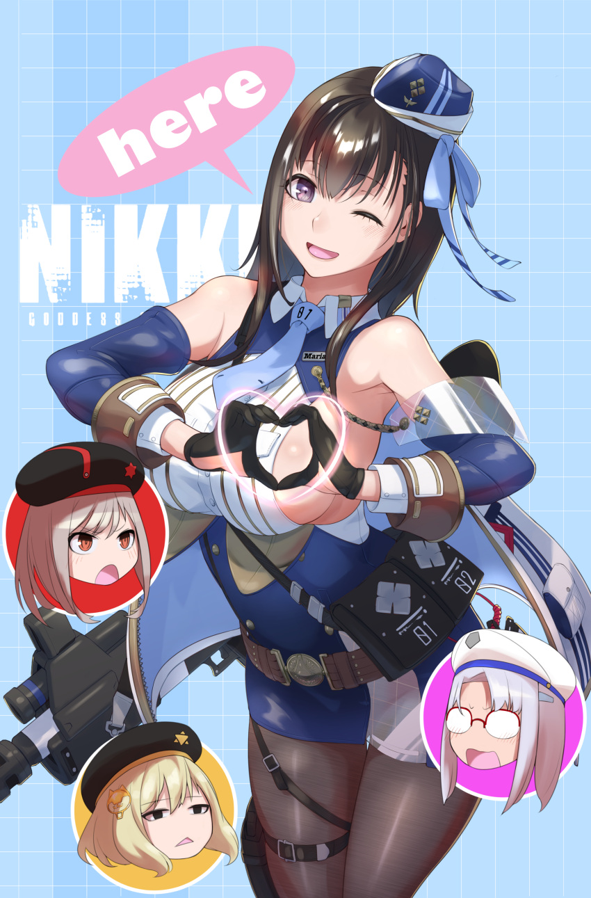 1girl absurdres anis_(nikke) armpits bare_shoulders belt black_hair black_pantyhose breasts collared_shirt detached_sleeves fune_(fune93ojj) goddess_of_victory:_nikke hat heart heart_hands highres holster jacket large_breasts long_hair looking_at_viewer marian_(nikke) military military_hat military_uniform necktie neon_(nikke) pantyhose pouch purple_eyes rapi_(nikke) shirt sideboob sleeveless smile thigh_holster thigh_strap uniform white_jacket