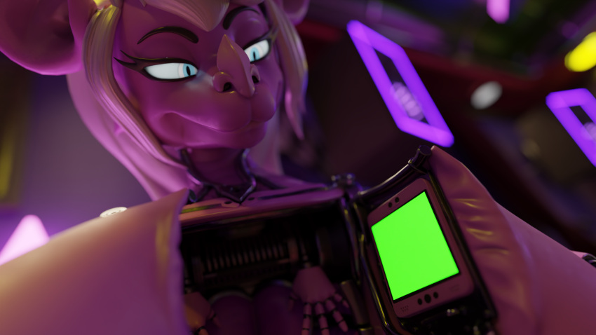 animatronic anthro bat close-up dumbbibat female female_focus green_screen hi_res looking_down machine mammal mayosplash narrowed_eyes robot solo squint standing vladeline