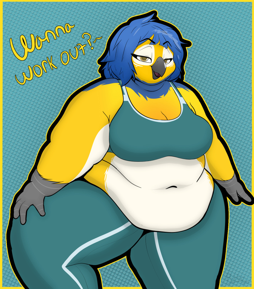 absurd_res anonymous_character anthro avian bedroom_eyes belly_overhang bird exercise female hi_res morbidly_obese morbidly_obese_female narrowed_eyes obese obese_female overweight overweight_female parrot puhba seductive solo workout