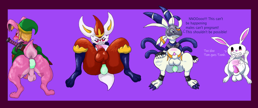 all_fours animal_genitalia anthro balls bandai_namco blush bodily_fluids cinderace digimon digimon_(species) egg egg_from_ass english_text generation_8_pokemon genitals group hi_res lagomorph lekismon leporid link_(rabbit_form) lying male mammal max_(sam_and_max) nintendo on_back oviposition penis pokemon pokemon_(species) pregnant pregnant_male rabbit sam_and_max sheath tapering_penis tears text the_legend_of_zelda vulnec