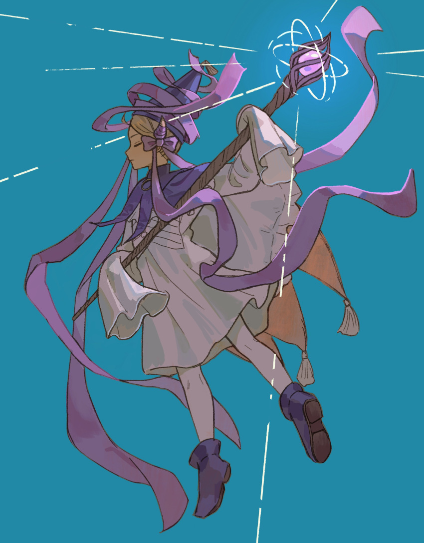 1girl absurdres blonde_hair blue_background cape closed_eyes closed_mouth dress from_side full_body glowing glowing_weapon highres holding holding_staff horns ininia_(tongari_boushi_no_atelier) long_sleeves pantyhose profile purple_footwear purple_headwear purple_ribbon ribbon shoes short_hair sleeves_past_fingers sleeves_past_wrists solo staff tongari_boushi_no_atelier weapon white_cape white_dress white_pantyhose wide_sleeves witch wonemie