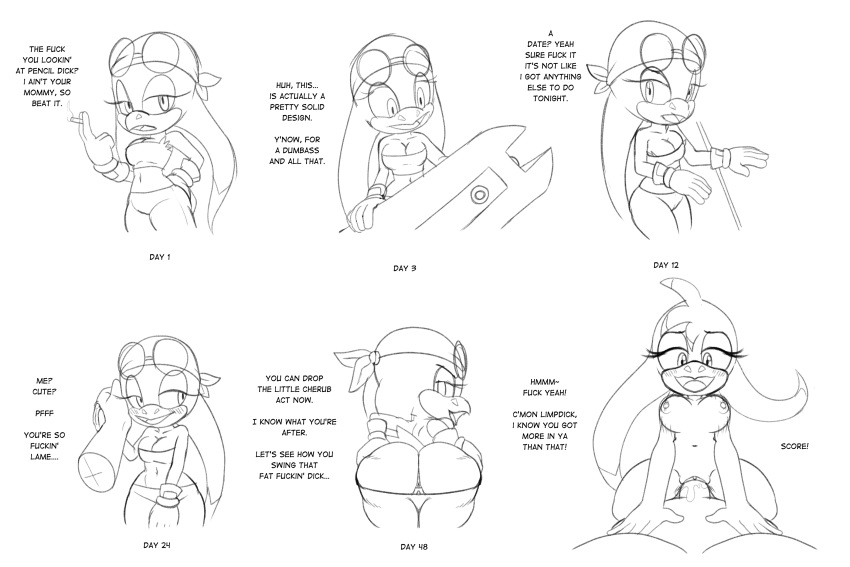anthro avian big_butt bird butt comic cowgirl_position dialogue duo female first_person_view fours_(artist) from_front_position hand_on_cheek hi_res hirundinid human looking_at_viewer male male/female mammal on_bottom on_top oscine passerine presenting presenting_hindquarters sega sex sonic_riders sonic_the_hedgehog_(series) swallow_(bird) vaginal wave_the_swallow
