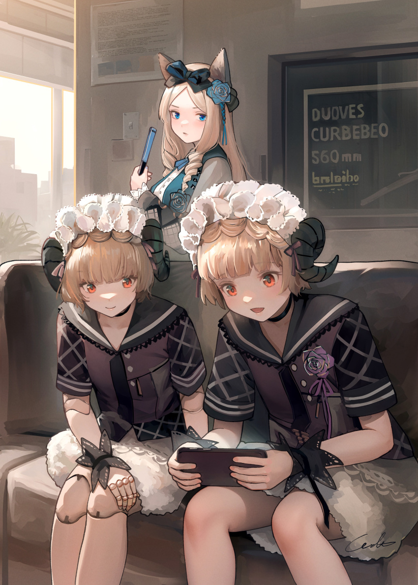 3girls :d absurdres animal_ears arknights bena_(arknights) black_bow black_choker blue_flower blue_rose bow brown_hair brown_shirt choker closed_mouth commentary_request couch doll_joints feet_out_of_frame flower grey_jacket hair_bow highres holding horns indoors iris_(arknights) jacket joints multiple_girls on_couch red_eyes rose shirt short_sleeves signature sitting smile welt_(kinsei_koutenkyoku) white_shirt wrist_cuffs