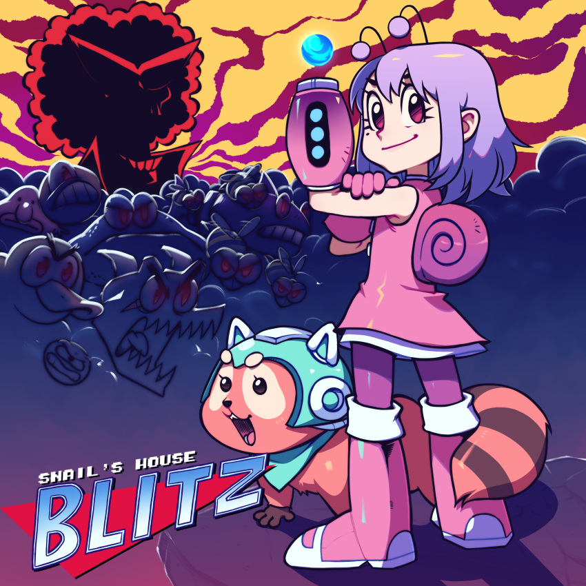 1girl absurdres boots closed_mouth highres knee_boots looking_at_viewer mega_man_(series) mole mole_under_eye pink_footwear purple_hair red_eyes short_hair smile snail_girl snailchan snails_house solo speedoru