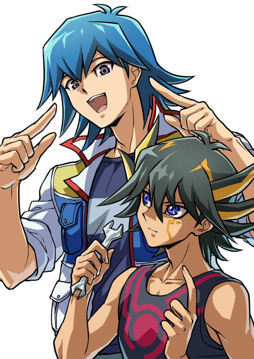2boys absurdres black_hair black_tank_top blue_eyes blue_hair blue_shirt bruno_(yu-gi-oh!) commentary_request facial_mark facial_tattoo fudou_yuusei grey_eyes happy high_collar highres holding holding_tool holding_wrench jacket light_smile looking_at_another looking_at_viewer male_focus marking_on_cheek multicolored_hair multiple_boys muscular muscular_male open_clothes open_jacket open_mouth pointing pointing_at_self pointing_up shirt short_hair simple_background sleeveless sleeves_rolled_up smile spiked_hair standing streaked_hair tank_top tattoo tools upper_body white_background wrench youko-shima yu-gi-oh! yu-gi-oh!_5d's