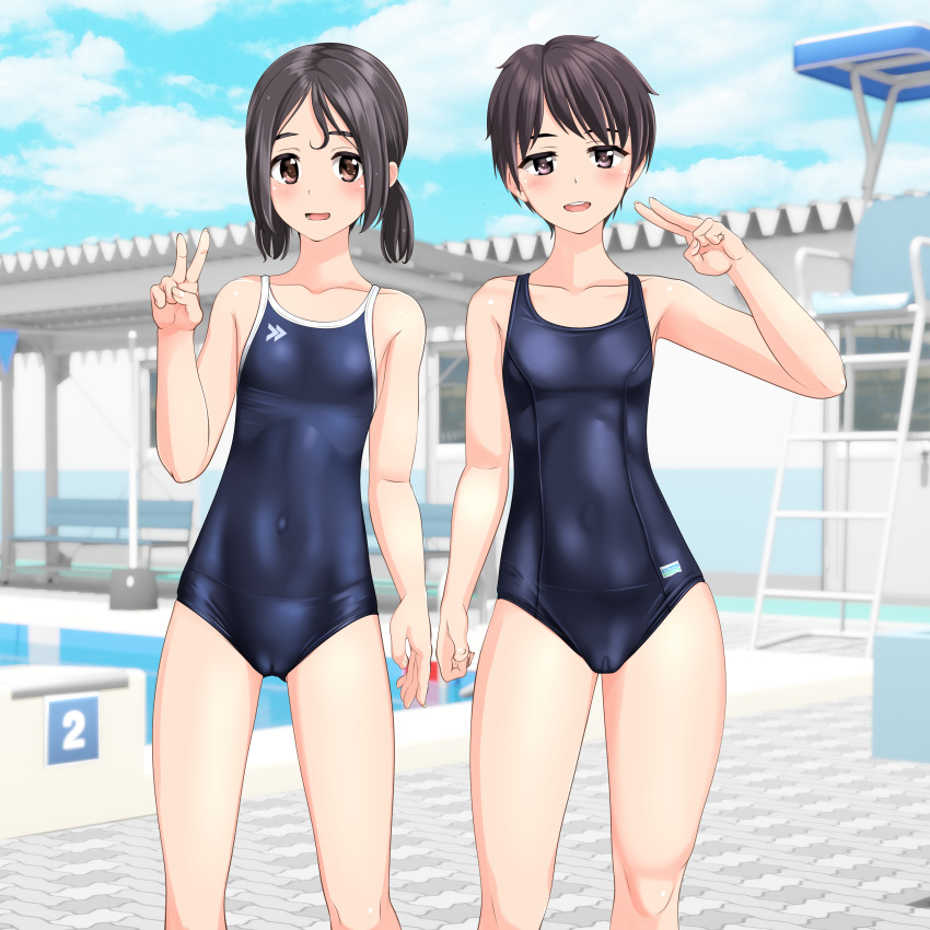 2girls absurdres black_hair black_one-piece_swimsuit blue_sky breasts brown_eyes cameltoe cloud collarbone commentary_request competition_school_swimsuit covered_navel day feet_out_of_frame highres lifeguard_chair logo looking_at_viewer low_twintails multiple_girls new_school_swimsuit one-piece_swimsuit original outdoors pool poolside school_swimsuit short_hair sky small_breasts starting_block swimsuit takafumi twintails v