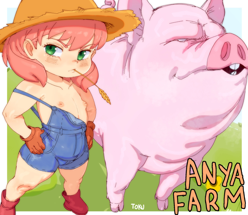 anya_forger artist_name child clothing domestic_pig duo farm farmer female footwear grass green_eyes hair hat headgear headwear hi_res human mammal nipples pink_hair plant red_clothing red_footwear spy_x_family suid suina sus_(pig) toku young