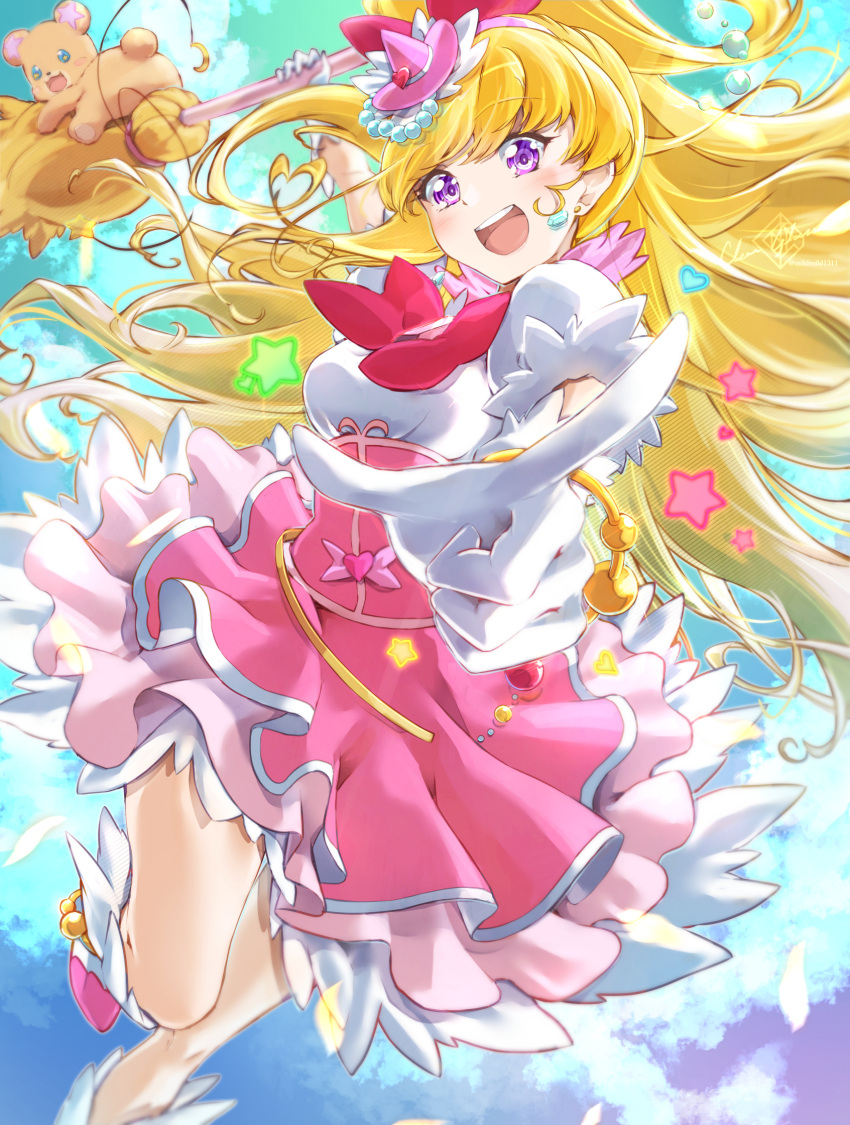 1girl :d artist_name asahina_mirai blonde_hair blush boots bow broom clear_glass_(mildmild1311) cloud commentary_request cure_miracle dress earrings eyelashes gloves hair_ornament half_updo happy hat highres holding holding_broom jewelry light_blush long_hair looking_at_viewer magical_girl mahou_girls_precure! mini_hat mini_witch_hat mofurun_(mahou_girls_precure!) open_mouth pink_dress pointing pointing_at_viewer precure puffy_short_sleeves puffy_sleeves purple_eyes short_sleeves signature sky smile solo twitter_username two-tone_dress white_dress white_gloves witch_hat