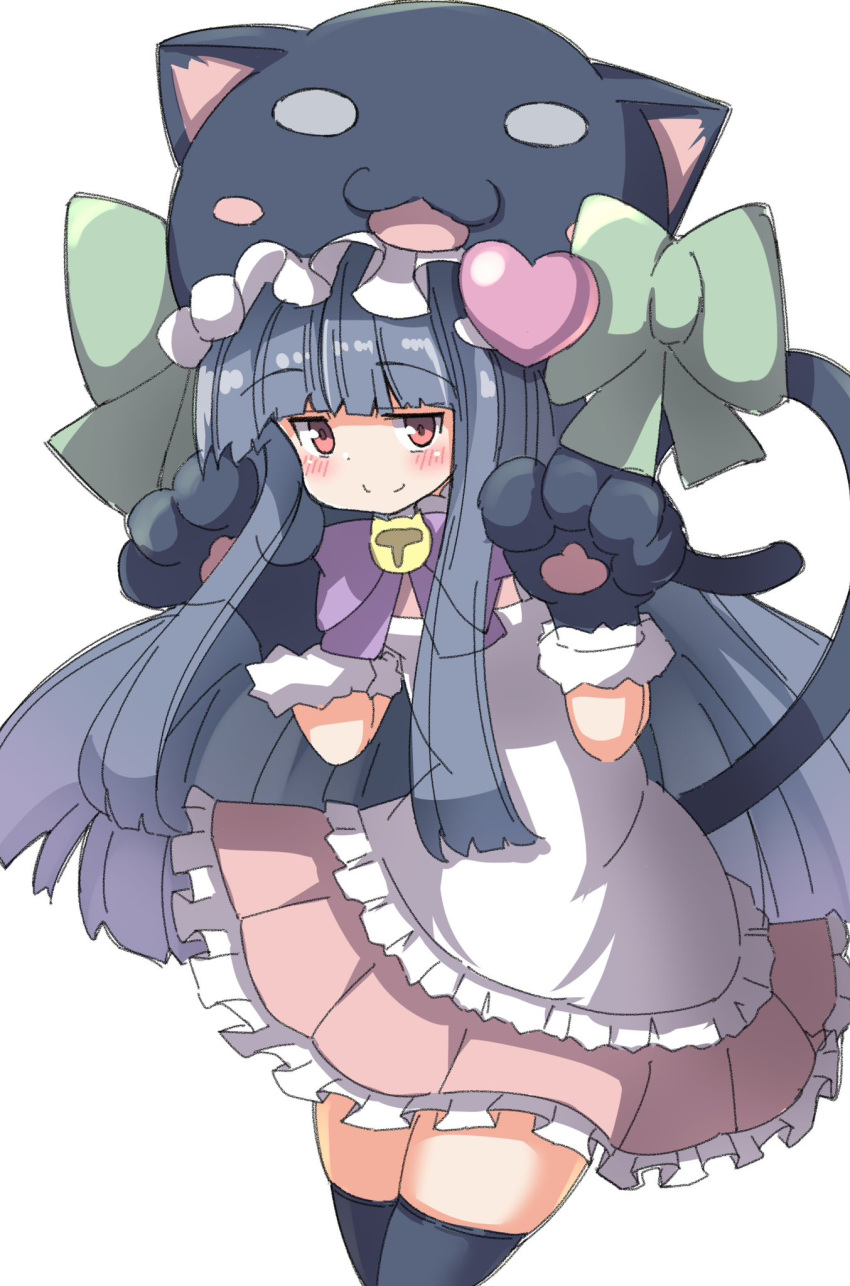 1girl animal_ears animal_hands animal_hood black_gloves black_thighhighs blue_hair blush bow bowtie cat_ears cat_hood cat_tail commentary_request cowboy_shot frilled_skirt frills fur-trimmed_gloves fur_trim gloves green_bow hands_up heart highres hood idolmaster idolmaster_cinderella_girls jitome long_hair looking_at_viewer paw_gloves pink_skirt purple_bow purple_bowtie red_eyes sajo_yukimi shirt sidelocks skirt smile solo tail thighhighs thighs umberblack white_background white_shirt zettai_ryouiki