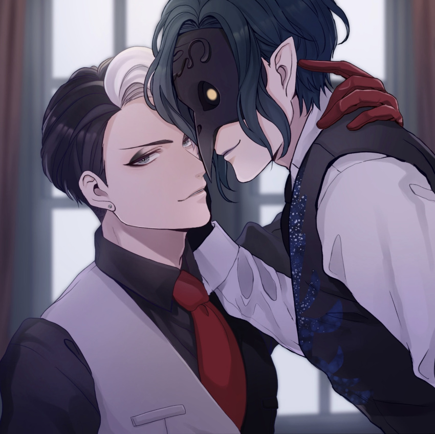2boys black_hair black_vest dire_crowley divus_crewel earrings eyeshadow gloves grey_eyes hand_on_another's_cheek hand_on_another's_face highres indoors jewelry makeup mask minatoya_mozuku multiple_boys necktie pointy_ears red_gloves red_necktie smile stud_earrings twisted_wonderland two-tone_vest upper_body vest white_hair yellow_eyes