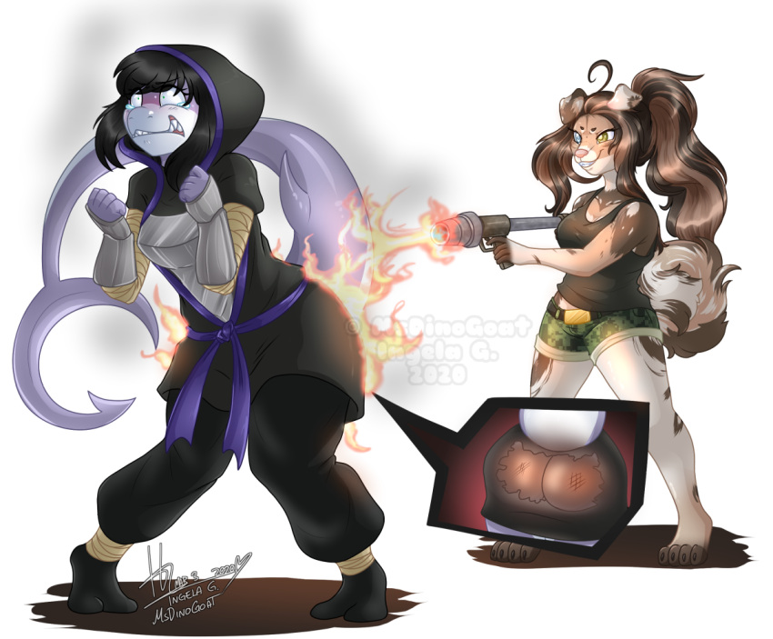anthro assisted_exposure ayama burning butt butt_on_fire canid canine canis clothing dinogoat domestic_dog duo female fire fish flamethrower mammal marine pain ranged_weapon shark tail torn_clothing watermark weapon