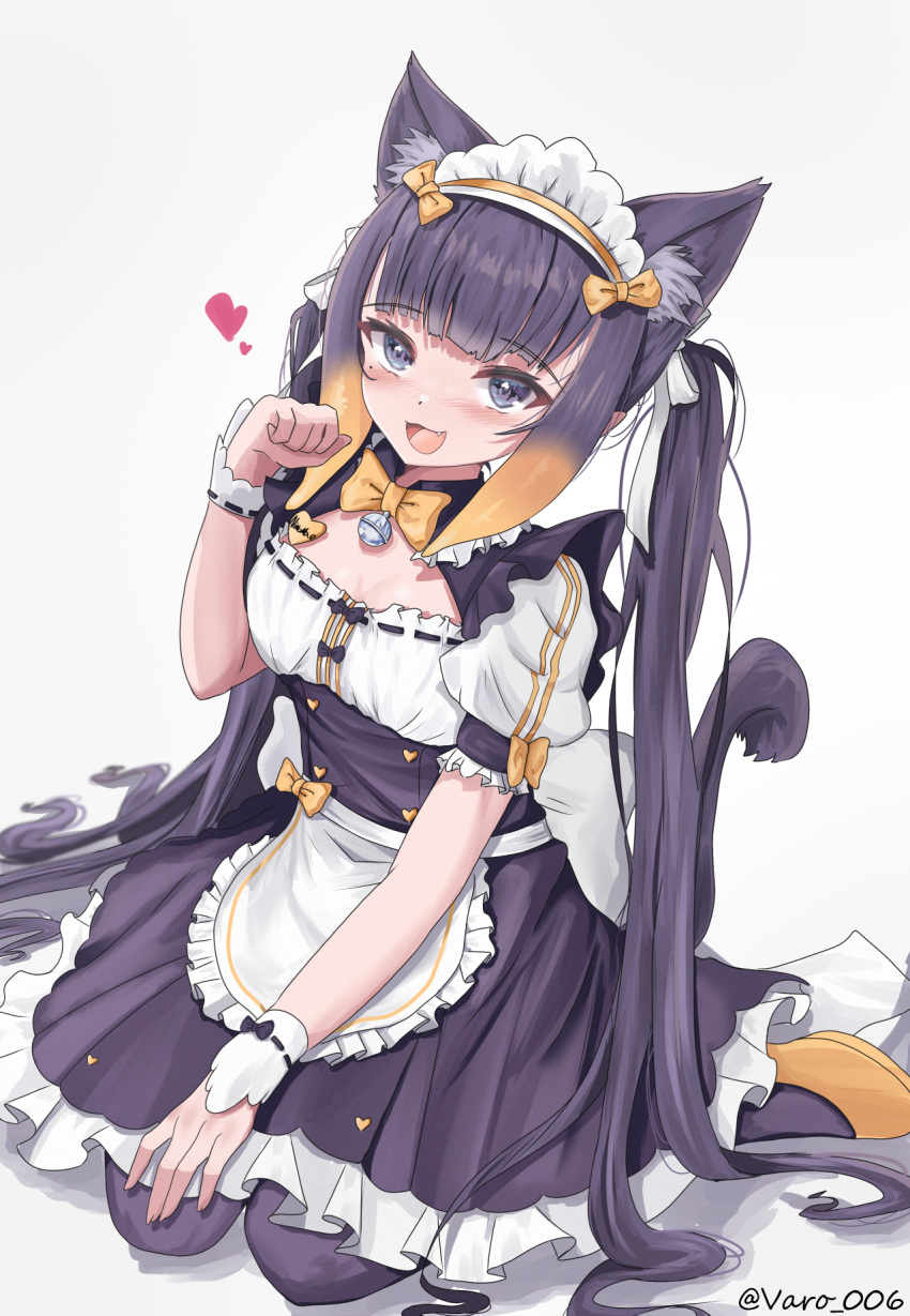 1girl animal_ear_fluff animal_ears apron bell blush bow breasts cat_ears cat_girl cat_tail fang grey_eyes hair_ornament hair_ribbon heart highres hololive hololive_english jingle_bell long_hair maid maid_apron maid_headdress mole mole_under_eye nekopara ninomae_ina'nis open_mouth paw_pose pointy_ears purple_hair purple_thighhighs ribbon shoes small_breasts smile solo tail tentacle_hair thighhighs twintails varo_006 virtual_youtuber white_background white_ribbon white_wrist_cuffs wrist_cuffs yellow_bow yellow_footwear